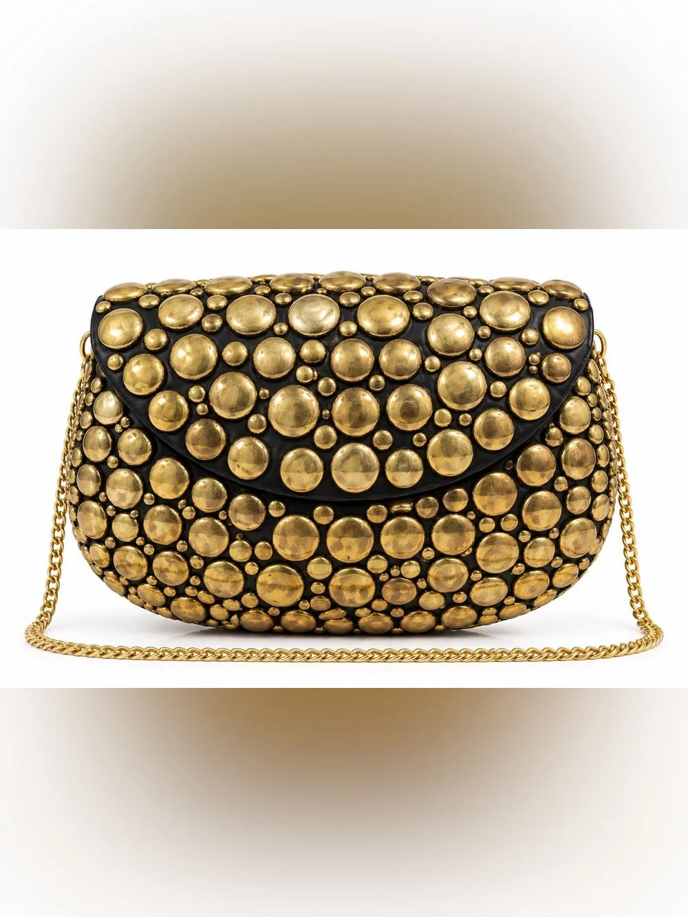 Black Leather Crossbody with Antique Gold Stud Detailing